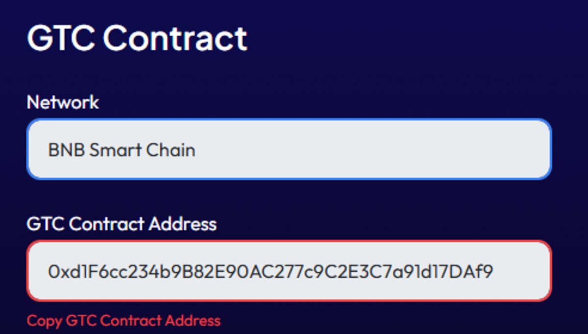 Official Website screenshot showing contract address 