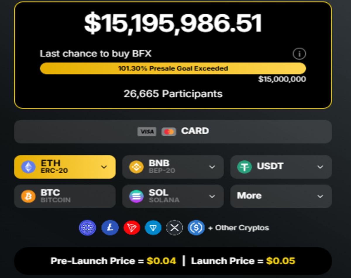 Official BFX website screenshot showing presale details