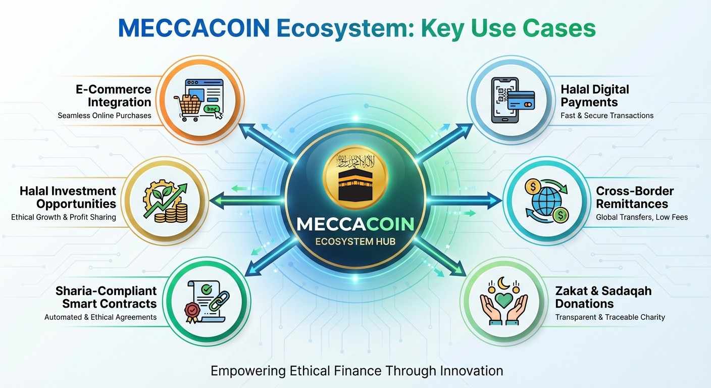 MECCACOIN ecosystem infographic 6 halal crypto use cases including payments, remittances, zakat MECCACOIN ecosystem infographic 6 halal crypto use cases including payments, remittances, zakat