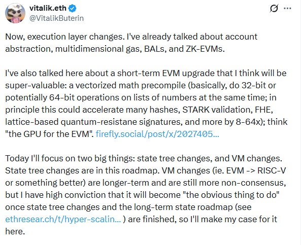 vitalik buterin tweet on Ethereum Execution Layer Roadmap binary tree and RISC-V 