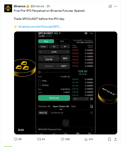 SpaceX Pre-IPO perpetual live on binance tweet SpaceX Pre-IPO perpetual live on binance tweet