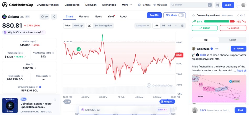 top crypto losers today, february 12 2026,  Solana SOL