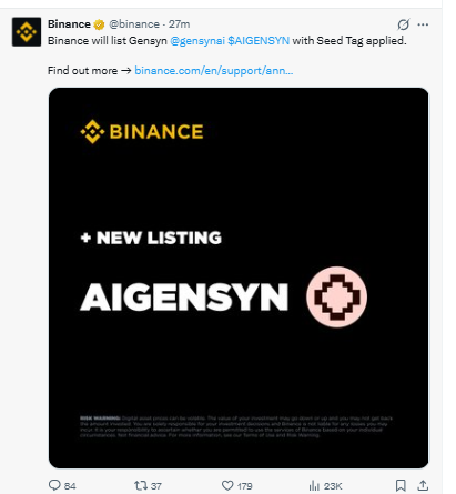 Binance Listing announcement of Gensyn AI 