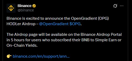 OpenGradient Airdrop on Binance: OPG with BNB Simple Earn Subscription