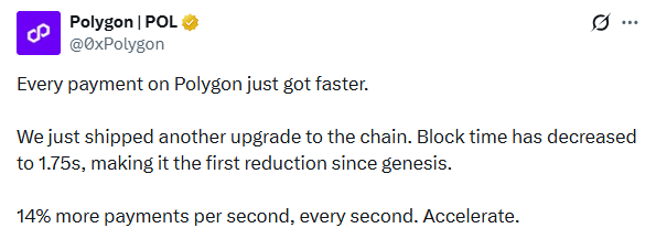 Polygon POL x tweet about Block time reduction