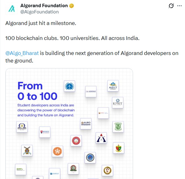Algorand India expansion 100 blockchain clubs across universities.