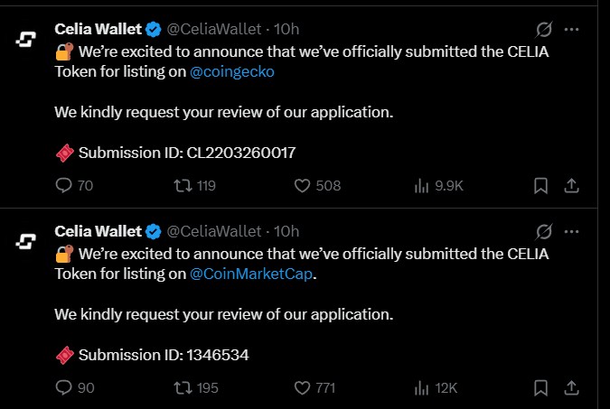 Celia Wallet Moves Toward CoinGecko and CoinMarketCap Listings