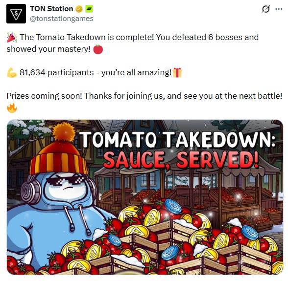 Tomato Takedown is complete! You defeated 6 bosses and showed your mastery