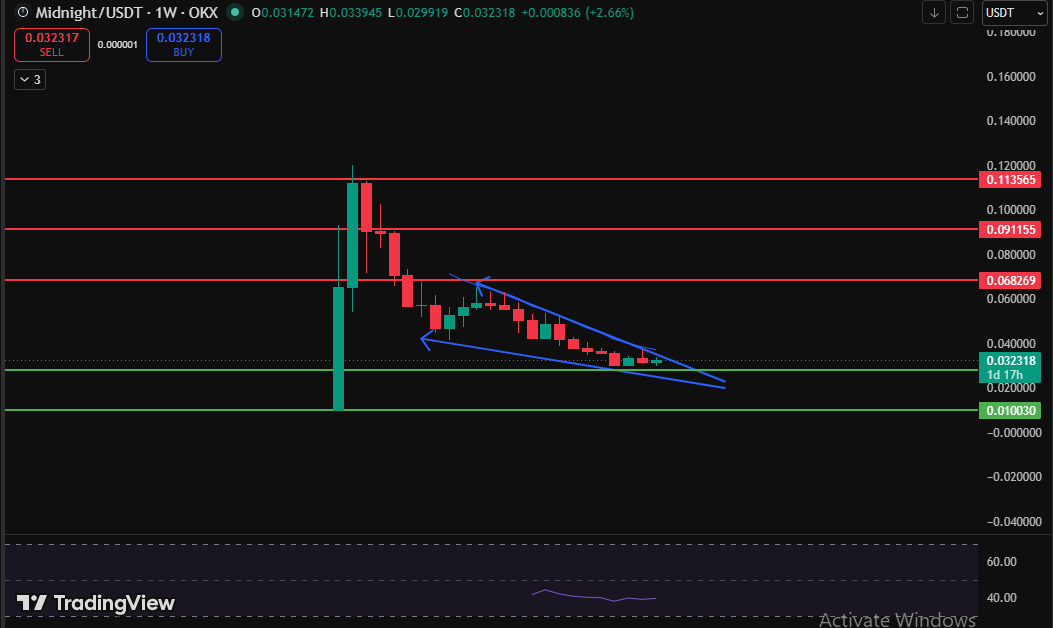 Weekly chart falling wedge, RSI, key levels