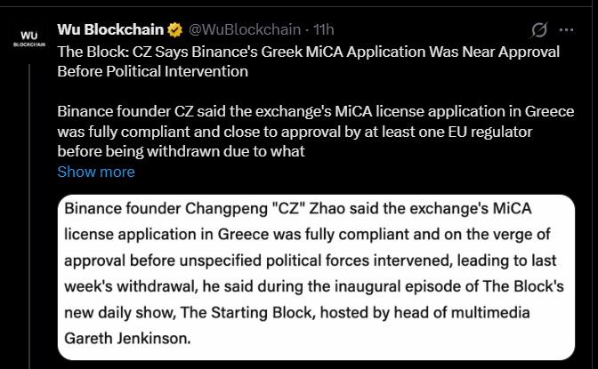 Binance Founder CZ said the exchange Greek application 