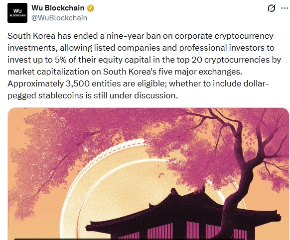 South korea removes 9 years ban on corporate crypto