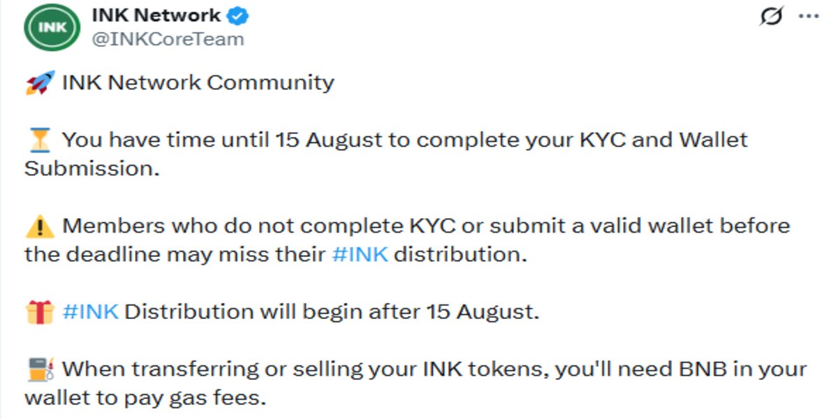 INK Network Official X Post screenshot of KYC update INK Network Official X Post screenshot of KYC update
