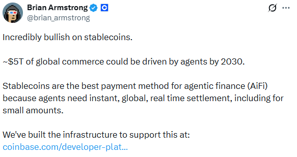 Coinbase stablecoins AI agents payment concept with Brian Armstrong post