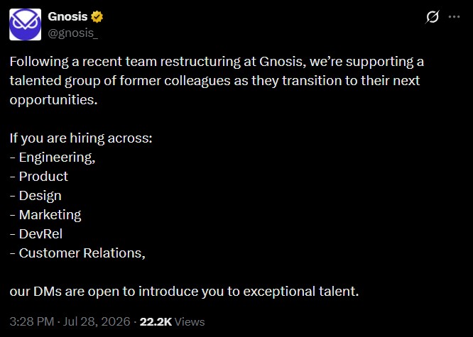 Gnosis Confirms Team Restructuring Across Key Ethereum Roles