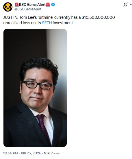 Tom Lee Ethereum investment loss on X