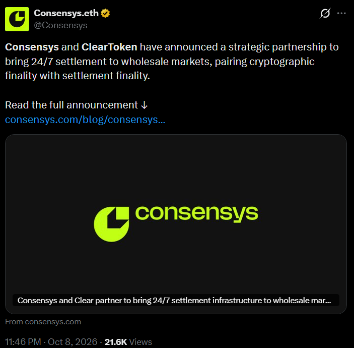 Consensys and ClearToken Target 24/7 Tokenized Asset Settlement