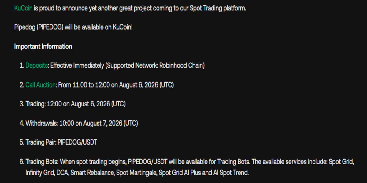 Official Kucoin announcement screenshot of PIPEDOG listing