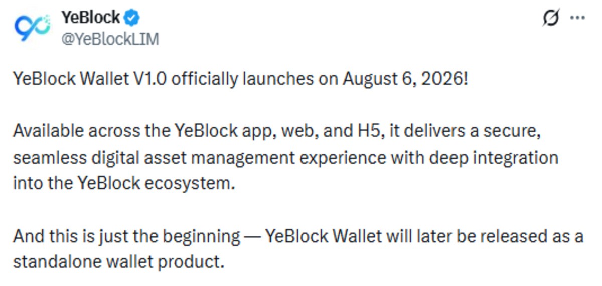 Official YeBlock post screenshot of wallet announcement Official YeBlock post screenshot of wallet announcement
