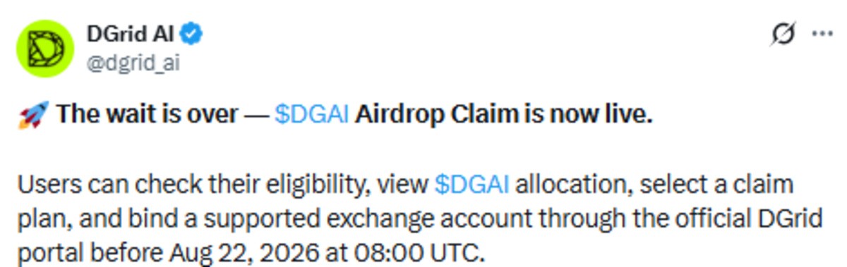 Official DGrid Ai X Post showing airdrop claim details Official DGrid Ai X Post showing airdrop claim details
