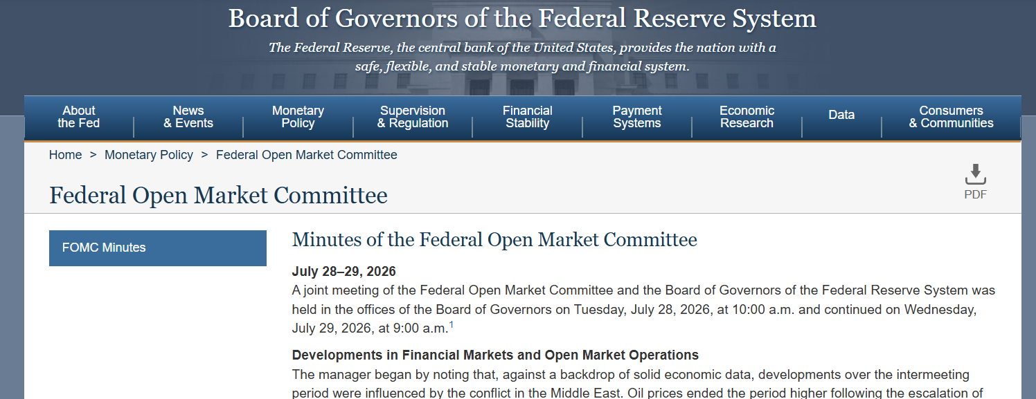 FOMC Meeting Minutes July 2026 FOMC Meeting Minutes July 2026