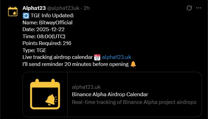 Binance Bitway Airdrop Pre-TGE
