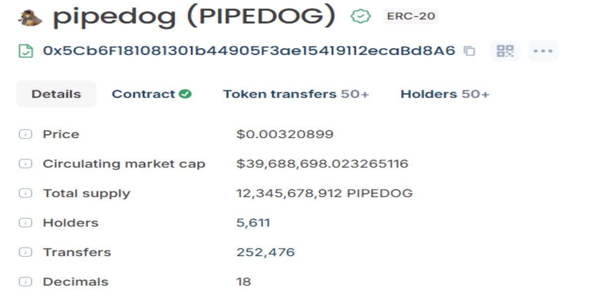 Official Robinhood chain website screenshot showing PIPEDOG contract address 
