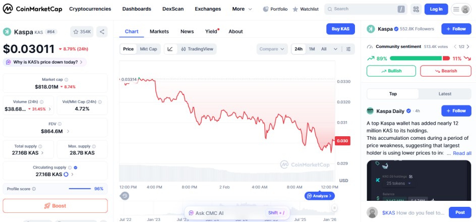 top crypto losers Februray 02 2026 Kaspa KAS
