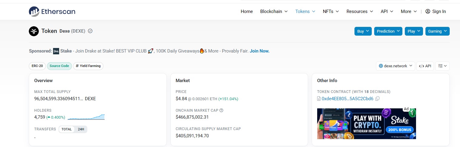 DEXE token contract on Etherscan 