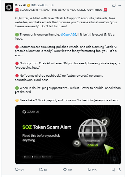 Ozak ai Scam Alert tweet by team 