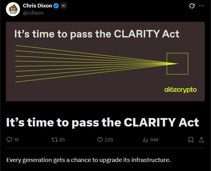 a16z Partner Chris Dixon Calls for CLARITY Act Approval