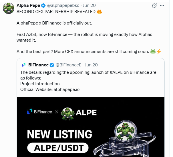 AlphaPepe BiFinance second CEX listing 