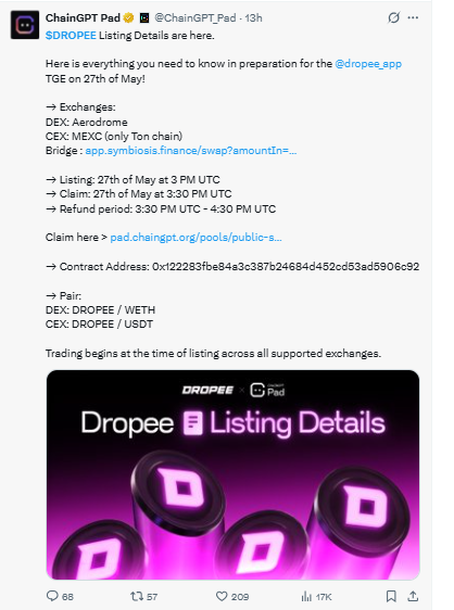 Dropee listing details on MEXC and Aerodrome