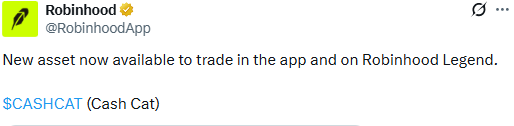 Robinhood lists Cash Cat token for trading