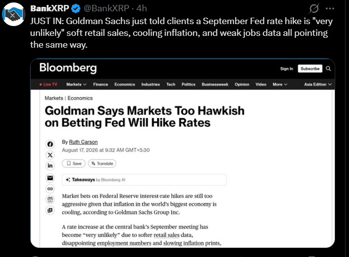 Goldman Sachs Sees September Rate Hike as Unlikely