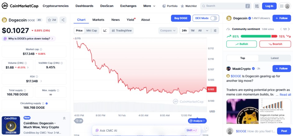 top crypto losers today, 16 february 2026, dogecoin DOGE top crypto losers today, 16 february 2026, dogecoin DOGE