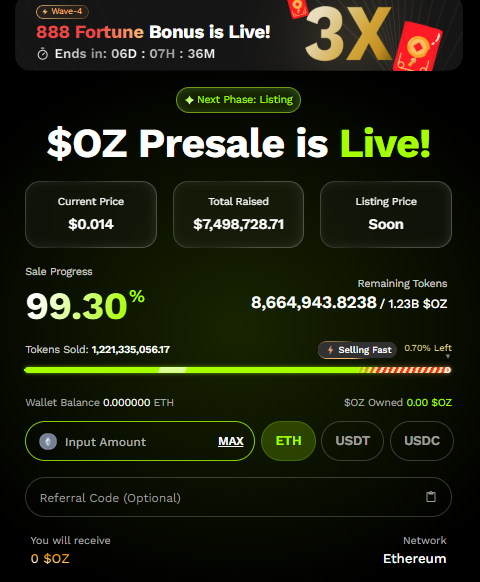 Ozak AI presale dashboard showing OZ price sale progress and remaining tokens
