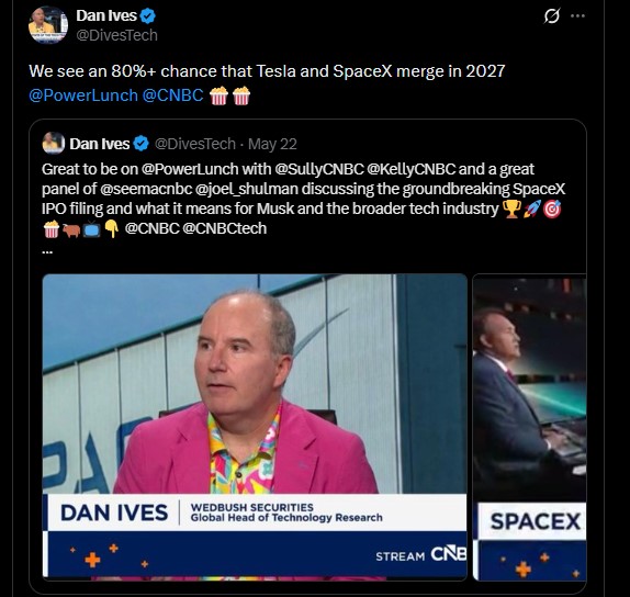 Wedbush analyst Dan Ives sees an 80%+ chance of a merger by 2027. Wedbush analyst Dan Ives sees an 80%+ chance of a merger by 2027.