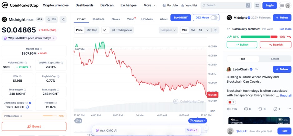 top crypto losers 24H, midnight NIGHT