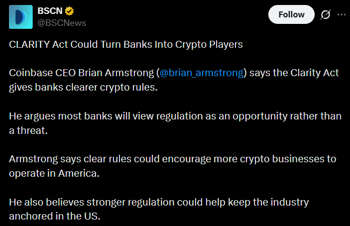 Brian Armstrong Says CLARITY Act Could Bring Banks Into Crypto Brian Armstrong Says CLARITY Act Could Bring Banks Into Crypto