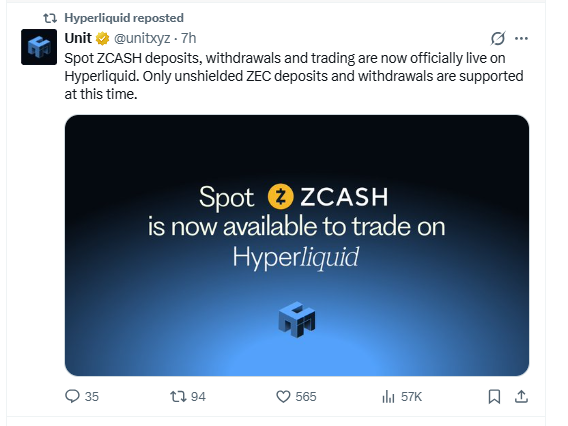 Hyperliquid ZCash spot trading launch ZEC deposits trading update