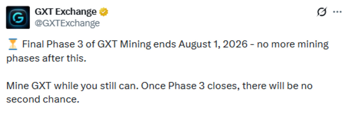 Official X post of GXT Exchange update regarding mining phase 3 Official X post of GXT Exchange update regarding mining phase 3