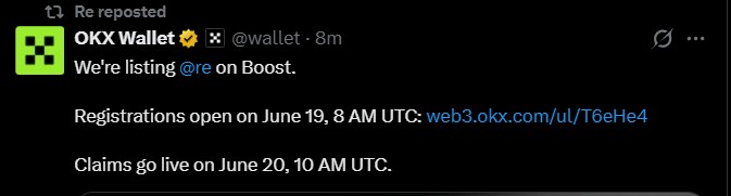 RE Token OKX Boost: Registration June 19, 8:00 UTC; claims June 26, 12:00 UTC