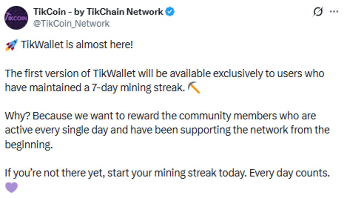 Tikcoin Network official X post screenshot showing TikWallet update