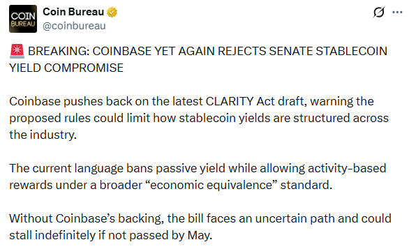 Coinbase stablecoin yield rejection impacts CLARITY Act