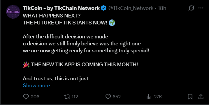 TikCoin New App Launch for October as Listing continues
