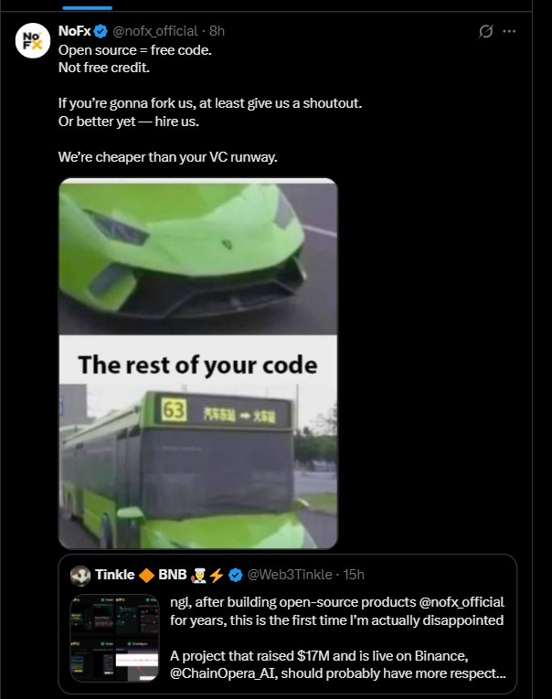 ChainOpera AI Accused of Using NoFx AI Trading code ChainOpera AI Accused of Using NoFx AI Trading code