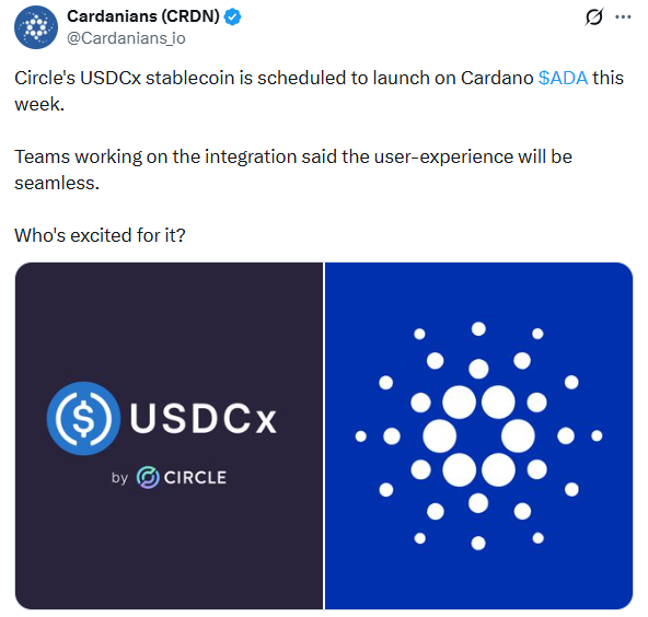 Cardano USDCx stablecoin launch on ADA blockchain