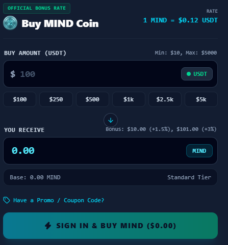 Mindchain Presale graphic showing the $0.12 MIND sale price Mindchain Presale graphic showing the $0.12 MIND sale price