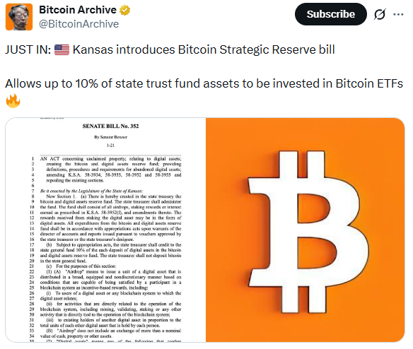 Kansas introduces Bitcoin bill and crypto reserve fund policy