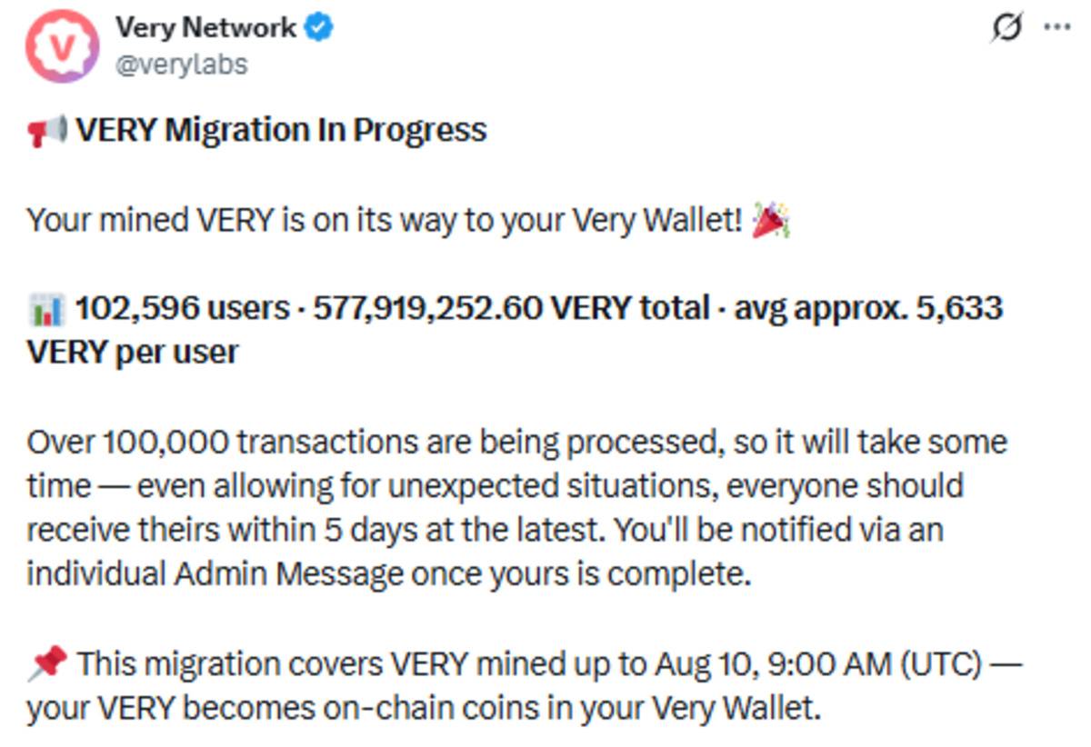 Official X Post of VERY network showing migration update Official X Post of VERY network showing migration update